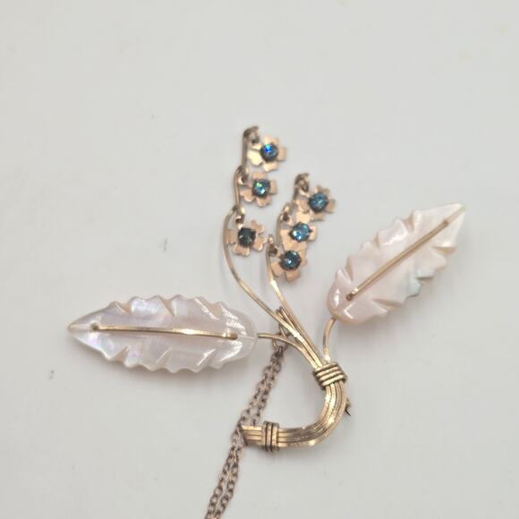 Victorian Antique Chain Brooch Gold Filled Moon Flowers Blue Topaz Glass Unique - Picture 3 of 8